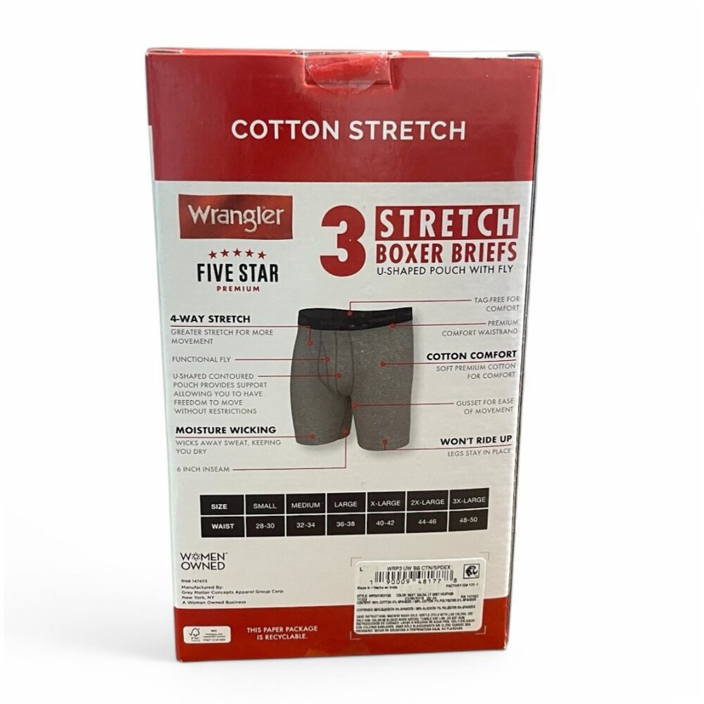 Wrangler Five Star 3-Pack Cotton Stretch Boxer Briefs, Size L, Navy, Red, Gray - Picture 3 of 6